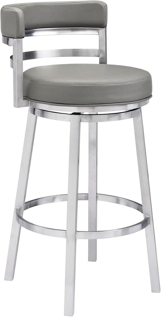 Armen Living Madrid 26" Counter Height Swivel Modern Gray Faux Leather and Brushed Stainless Steel Bar Stool for Kitchen Island Counter Armen Living Madrid 26" Counter Height Swivel Modern Gray Faux Leather and Brushed Stainless Steel Bar Stool for Kitchen Island Counter