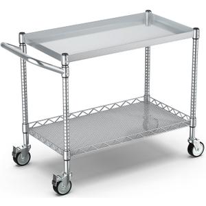 Leteuke 2 Tier Utility Tool Cart with Wheels, Heavy Duty Rolling Utility Carts with Handle, Commercial Grade Metal Serving Storage Cart for Warehouse Garage Kitchen, 25" D x 38.98" W x 40" H-Silver