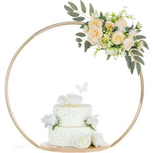 Hanobe Wedding Cake Stand Gold: 14 Inch Round Arch Cupcake Display Stands with Wood Base for Party Decorative Metal Hoop Centerpiece Decor for Birthday Baby Shower