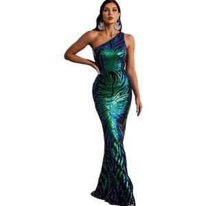 Giffniseti Women's One Shoulder Holographic Sequin Dresses Evening Gown Formal Prom Maxi Dress (Green) L