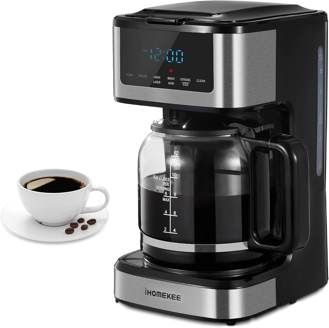 Ihomekee Coffee Maker, Programmable Drip Coffee Maker 12 Cup, Regular & Strong Brew Drip Coffee Machine with Iced Coffee Function for Home and Office, Black & Stainless Steel (Black,Silver)
