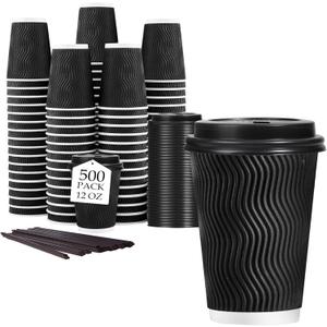 Lamosi 12 oz. Disposable Coffee Cups with Lids, 500 Pack Insulated Hot Cups To Go Paper Coffee Cups with Lids and Straws, Corrugated Ripple Wall Cup for Hot Drink, Office, Coffee Bar (Black)