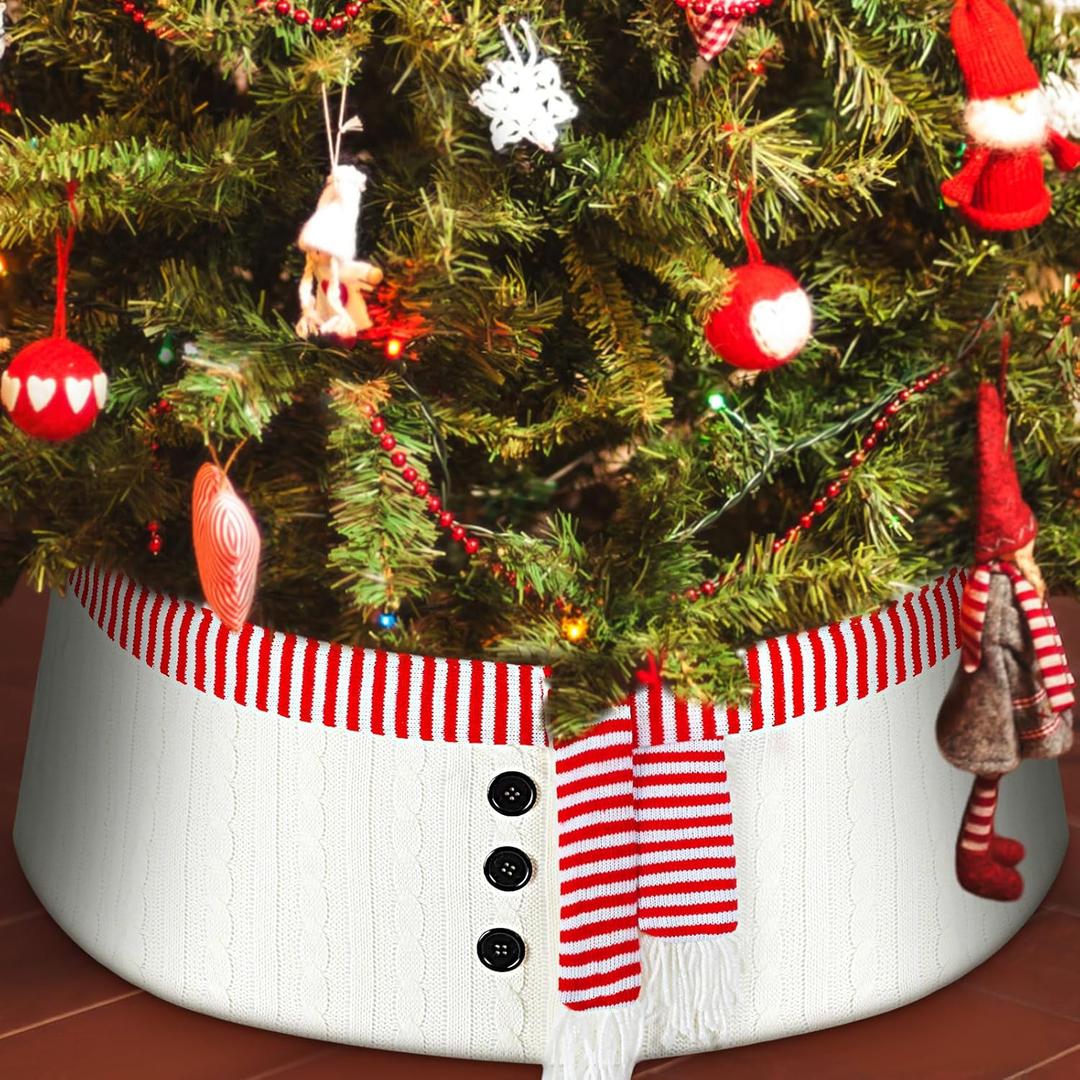 PullCrease Large 30 Inch Snowman Christmas Tree Collar Red and White Sweater Christmas Tree Skirt Tree Ring Adjustable Xmas Tree Base Cover for Artificial Trees Christmas Decoration