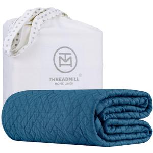 Threadmill Luxury Cotton Blankets for Queen Size Bed | All-Season 100% Cotton Queen Size Blanket | Criss Cross Cozy Lightweight, Soft Breathable Coverlet fits Full Size Bed, 90x92 | Folkstone Blue (Queen / Full, Folkstone Blue Classic)