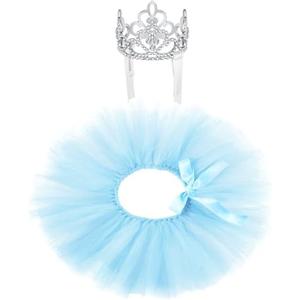 2 Pcs Dog Crown Headband Dog Tutu Dress Set Crystal Rhinestone Tiara Crown Tutu Skirt Pet Dress Costume for Puppy Birthday Party Wedding Photo Prop Costume(Blue,X Large)