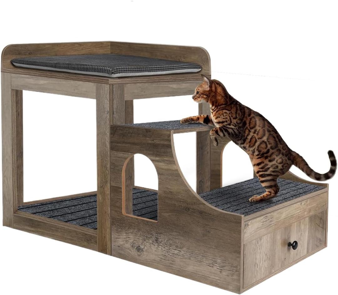 Pet Bunk Bed for Cats, Multi-Level Pet Window Perch Seat Platform with Removable Stairs and Mats for Cats and Dogs, Pet Bed Couch with Drawers for Bedside, Home, Indoor Use, Grey