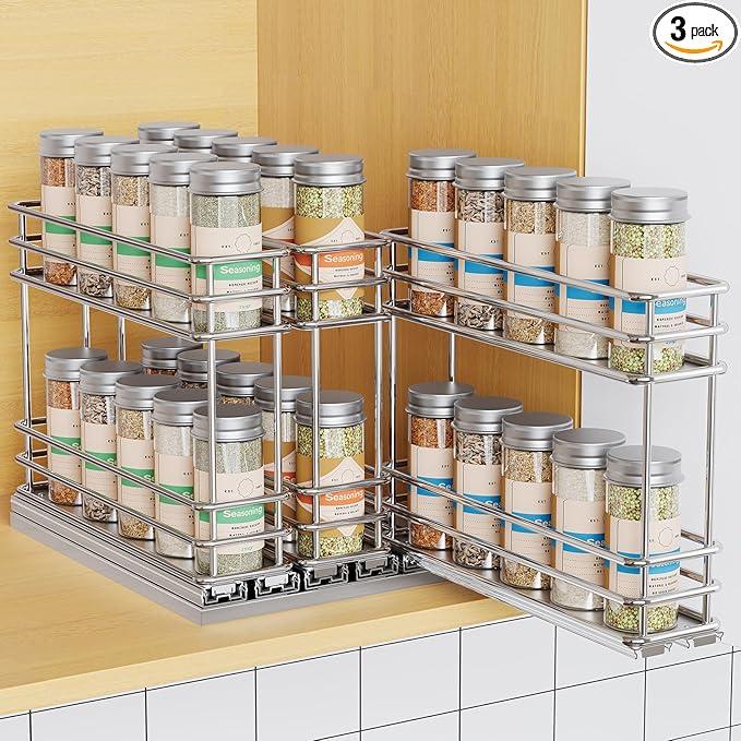 Mystozer Pull Out Spice Rack Organizer for Cabinet, Slide Out Spice Racks, Easy to Install Spice Cabinet Organizers, 7.4" Wx10.43 Dx8.26 H, 3 Drawers 2 Tiers(Silver)