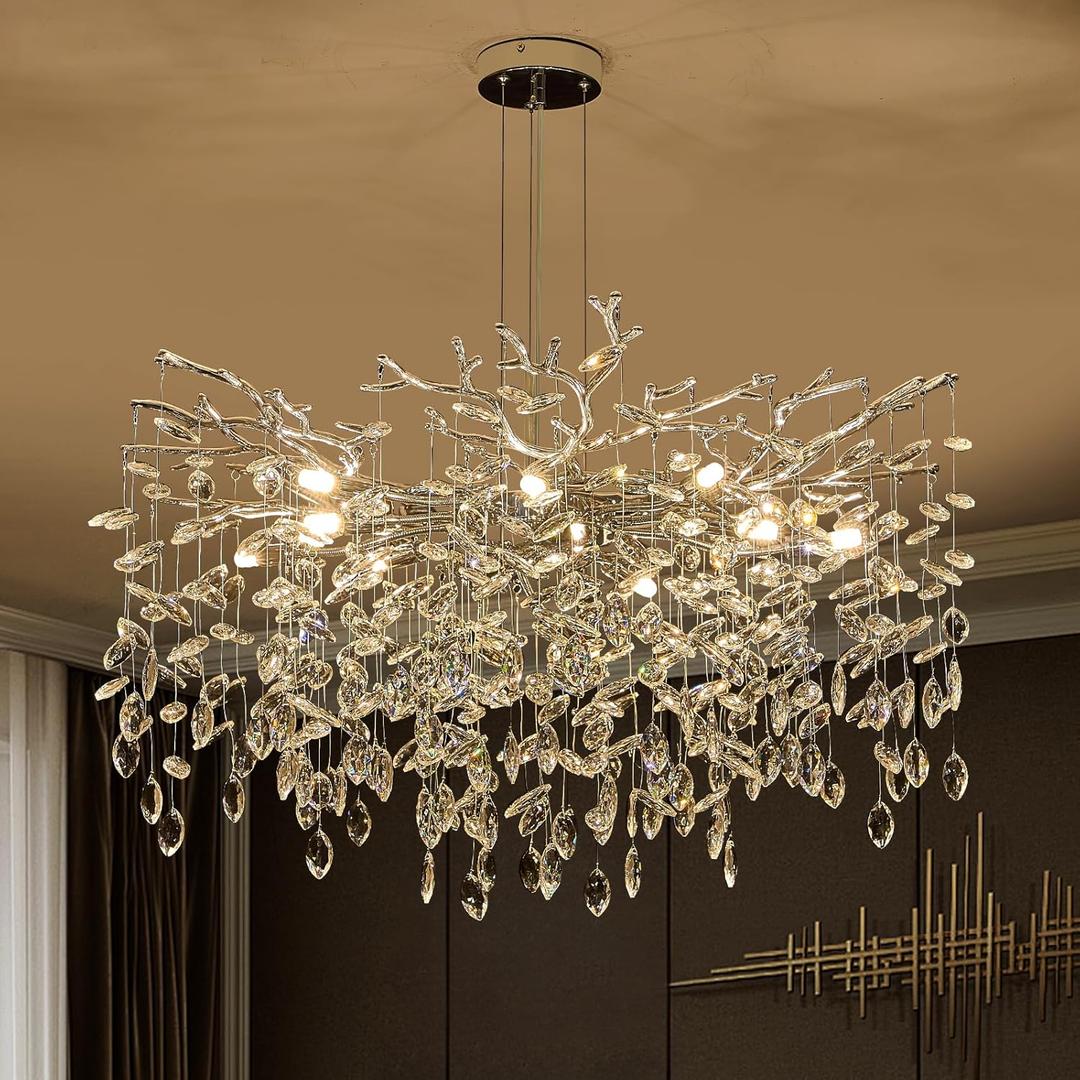 Modern Tree Branch Crystal Chandelier 31.5" Silver Crystal Dining Room Chandeliers 10-Light Luxury Pendant Lighting for Kitchen Bedroom Living Room