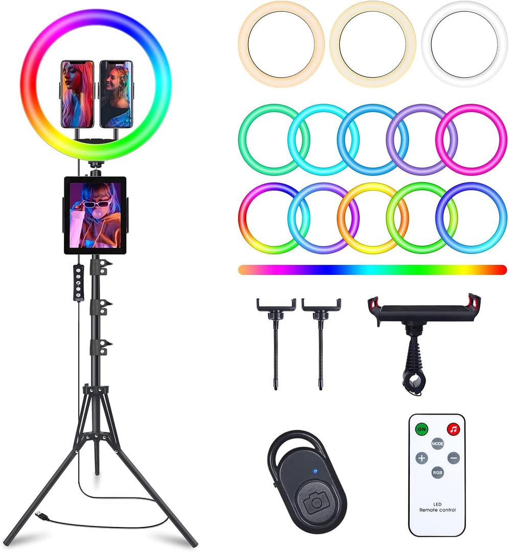 13" Selfie Ring Light with 76" Tripod Stand & 3 Phone Holder, LED Camera Ringlight with 48 RGB Colors Modes & Musical Rhythm Mode and 12 Brightness Dimmable for Makeup/Photography/Videos/Vlog/TikTok