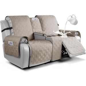 VANSOFY Loveseat Recliner Cover with Console 100% Waterproof Sofa Slipcovers Non-Slip Reclining Couch Cover Split Sofa Covers Furniture Protector for Pets, DogsKhaki (2 Seater+Console)