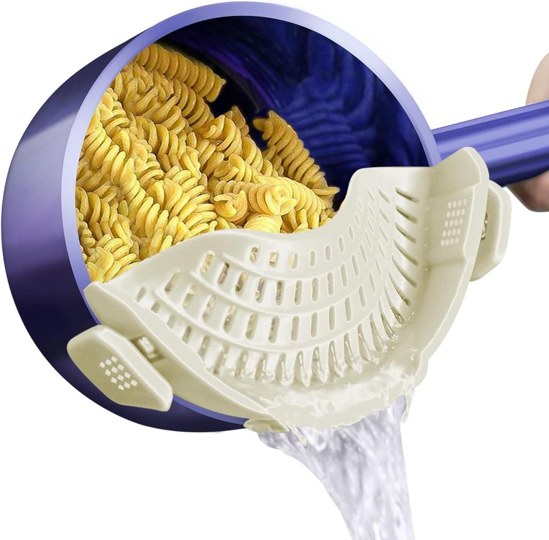 AUOON Clip On Strainer Silicone for All Pots and Pans, Pasta Strainer Clip on Food Strainer for Meat Vegetables Fruit Silicone Kitchen Colander (White) (Standard 8.86 x 3.55 in)