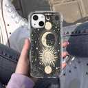 Black Celestial Sun Moon and Star Case for iPhone 15,Magic Boho Illustration Pattern,Trendy Soft TPU Bumper Case for iPhone 15