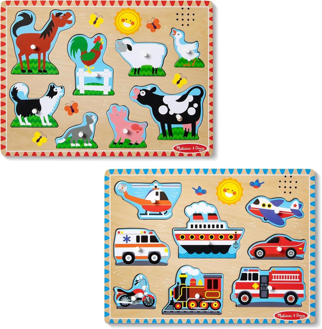 Melissa & Doug Wooden Light-Activated Sound Puzzle 2-Pack for Toddler and Preschool Boys and Girls  Farm Animals, Vehicles