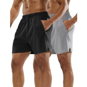 MIER 2 Pack Men's 5 Inch Inseam Running Shorts, Quick-Dry with Zip Pockets | Workout, Athletic, Lightweight Breathable Fabric, Soft Elastic Waist, Inner Drawstring, Side Split, Machine Washable