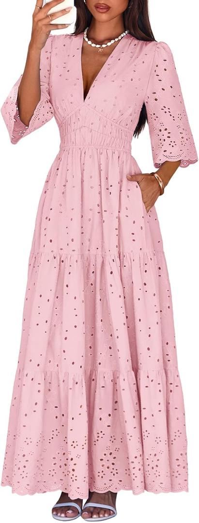 Lazysmile Long Sleeve Dresses for Women V Neck Hollow Out Eyelet Ruffle Swing A-Line Fall Vacation Boho Maxi Dress (Pink, S)