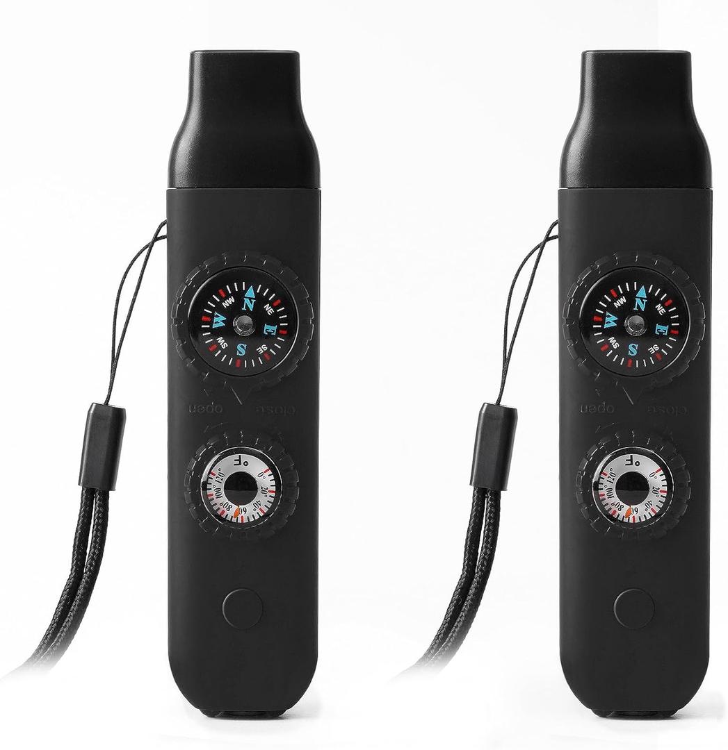 Emergency Survival Safety WhistleWhistle for Kids with Lanyard,Compass,Thermometer,Ideal for Kayaking, Boating, Hiking, Camping, Climbing (Black 2pcs)