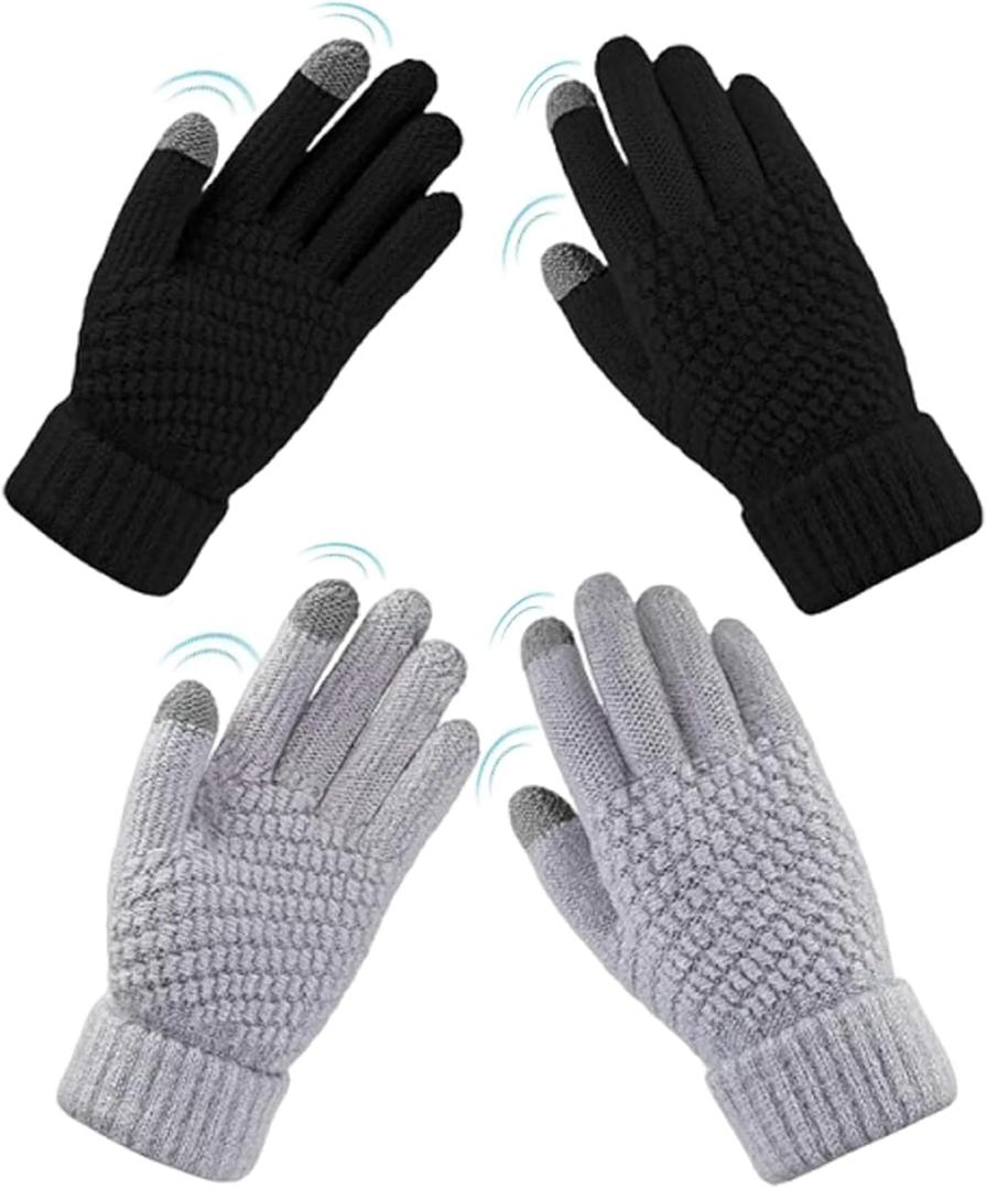 Womens Touch Screen Gloves Winter Warm Knit Fleece Lined Gloves Elastic Cuff Texting Mittens Gifts (C-2 Pairs(Black/L-Grey))