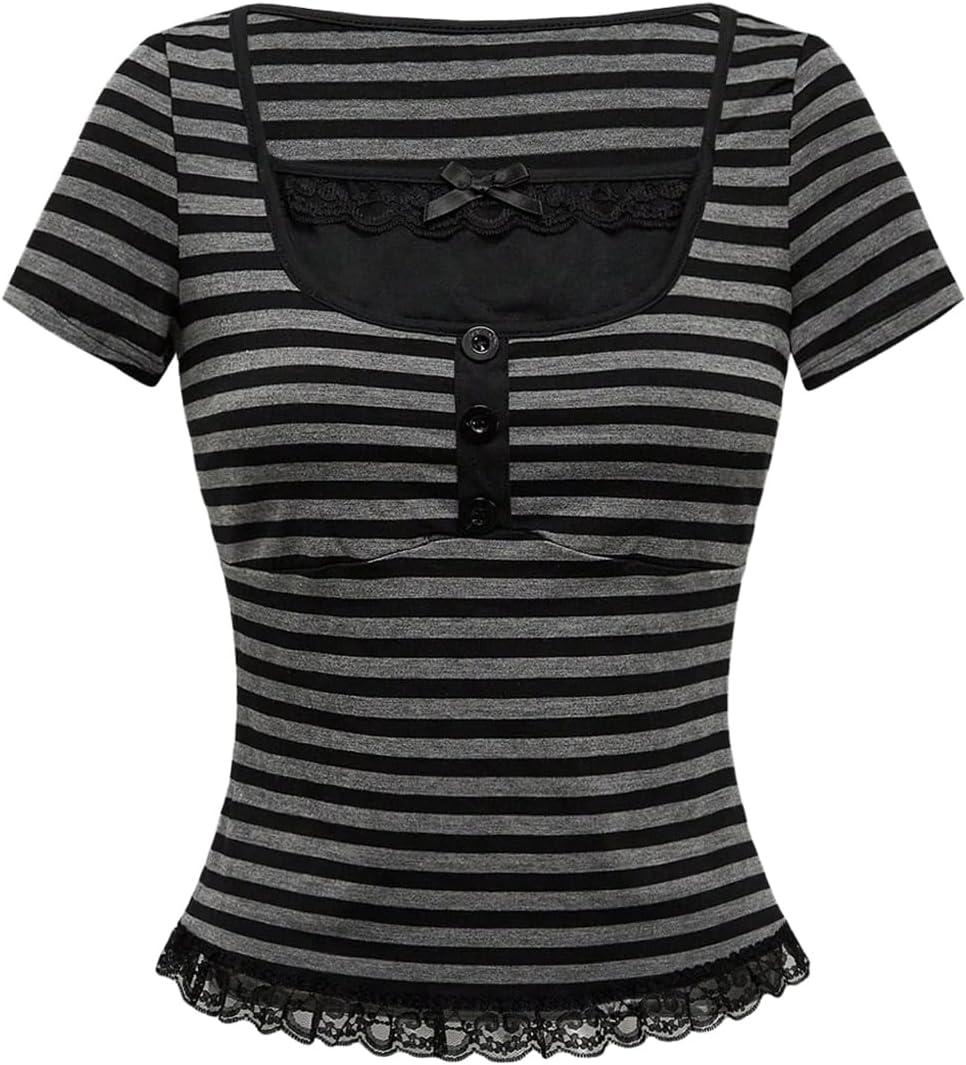 Verdusa Women's Y2K Striped Bow Lace T Shirts Button Front Square Neck Short Sleeve Fitted Tops (Black, S)