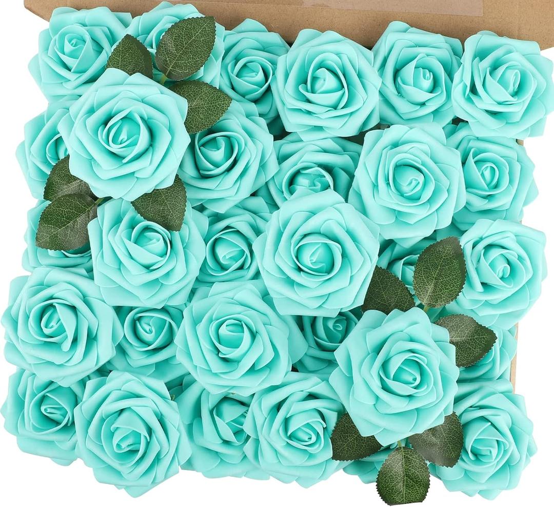 MACTING Artificial Flower Roses 30PCS Real Touch Fake Flowers with Stem Foam Roses for DIY Wedding Bouquets Table Centerpieces Party Baby Shower Home Summer Mothers Day Decorations,Mint Green