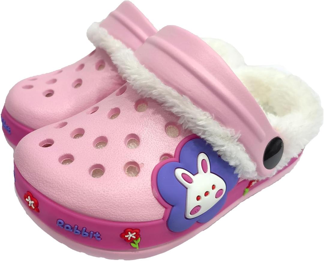 Fur Lined Clogs for Kids : Winter Warm Plush Garden Clogs for Boys Girls Cute Cartoon Lightweight Slip On Indoor Outdoor Garden Shoes with Non-Slip Sole (10.5 Little Kid, Pink)