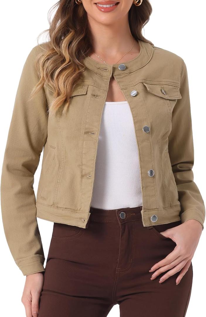 Allegra K Women's Denim Jacket Collarless Round Neck Button Down Long Sleeve Jean Jackets (Brown, S)