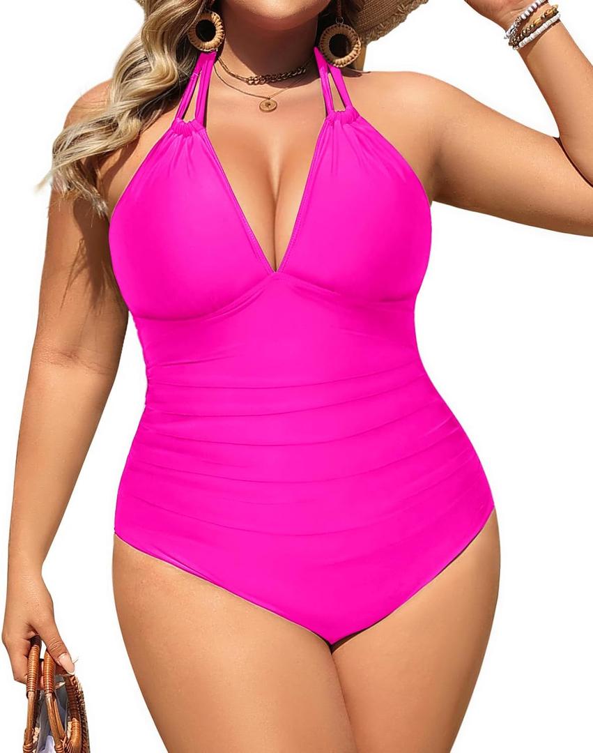 Aqua Eve Plus Size Swimsuits One Piece Bathing Suit for Women Tummy Control Sexy Halter Swimwear (Pink) 