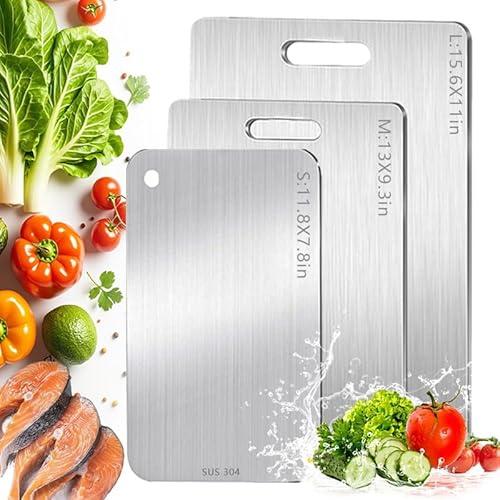 Suyife Stainless Steel Cutting Board, 3 PCS Cutting Boards for Kitchen, Non Toxic, Double-Sided Food Grade Chopping Board for Outdoor Camping(18 " x 12 ", 15,5 " x 9.8", 11.8" x 7.8")