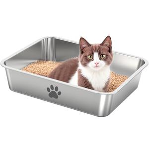 Stainless Steel Cat Litter Box,Metal Kitten Litter Pan, High Side Cats Toilet Indoor Litter Tray Pet Toilet Supplies for Cats, Kitty,Rabbits, Easy Clean, Non Stick Litter Box, No Smell