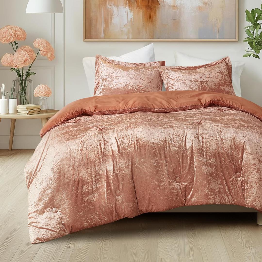 Comfort Spaces Luxe Queen Comforter Set Velvet Comforters for Queen Size Bed, Microfiber Reverse, Juliette, All Season Velvet Bedding Queen Size, Fluffy Bed Set, Sham, Full/Queen, Burnt Orange 3 Piece (Full/Queen, Burnt Orange Comforter)
