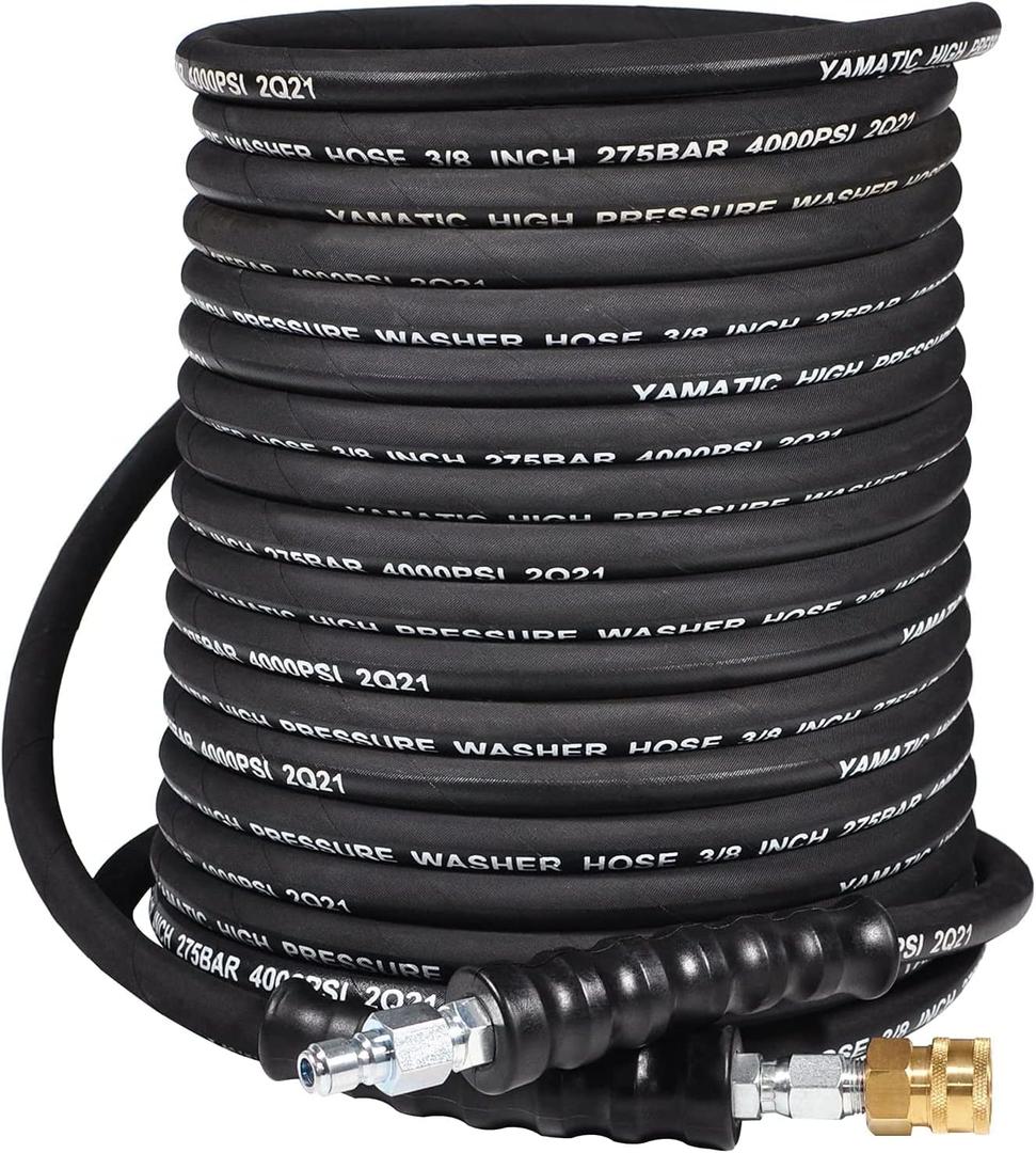 YAMATIC 3/8" Pressure Washer Hose 100 FT,4000 PSI Steel Wire Braided with 360 Swivel 3/8" Quick Connect, Rated 212F Hot/Cold Water, Steel Braided Rubber Hose for Professional Gas Cleaning