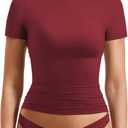 YEOREO Women Fitted Workout Tops Short Sleeve Double Lined Basic Y2K Going Out Crew Neck Compression Crop Top (Red, XS)