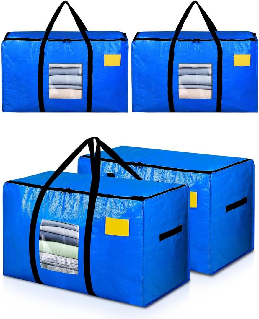 Extra Large Moving Bags, 4 Pack Heavy Duty Storage Bags Boxes Bins Totes with Handles Zippers Visible Window for Clothes College Dorm Travel, Blue
