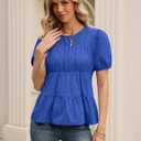 Rapbin Womens Puff Short Sleeve Babydoll Tops Summer Peplum Pleated Cotton T Shirts Casual Loose Fit Flowy Blouses (Blue, L)
