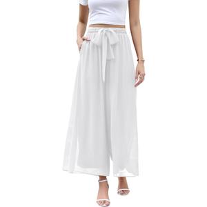 WANGZHI Women's Wide Leg Chiffon Dress Pant Elegant Party Elastic Waist Trouser with Pockets, M
