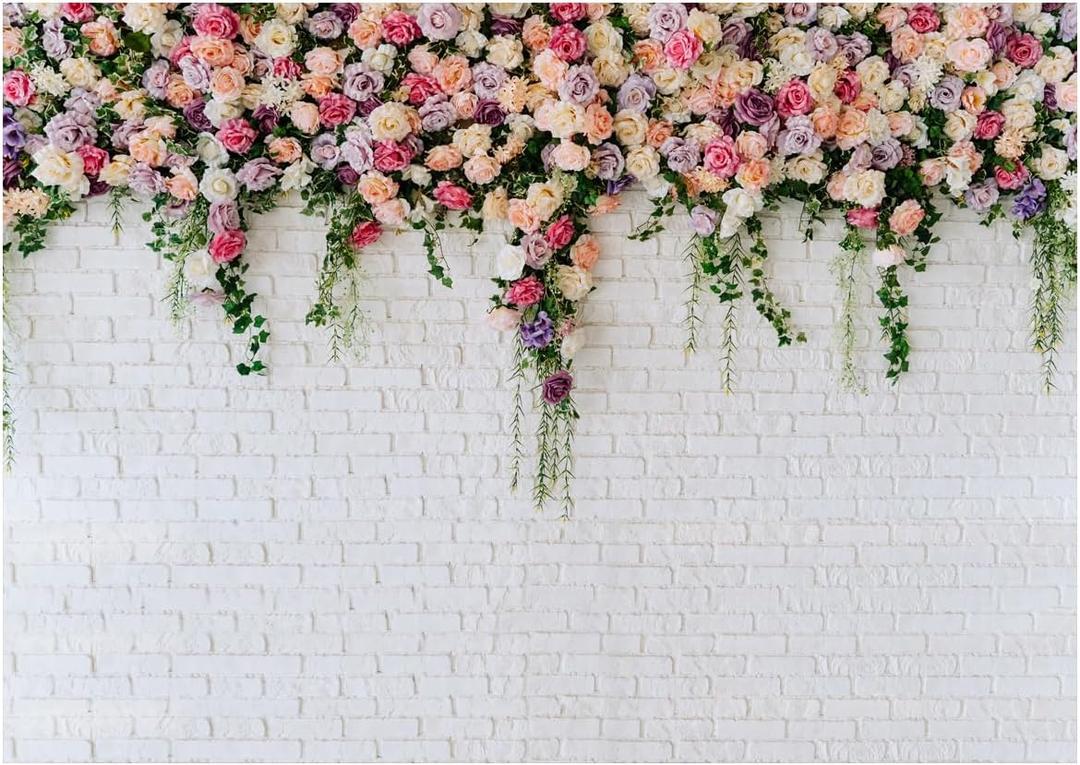 7X5FT White Brick with Flowers Backdrop Occasions Mother's Day Wedding Bridal Shower Birthday Party Banner Background Supplies DH-357