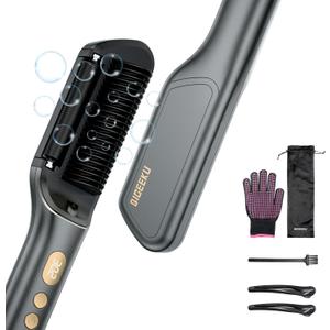 Hair Straightener Brush, Upgraded Ionic Hair Straightener Comb with Oil-Infused, Anti-Frizz Ceramic, Anti-Scald, 9 Temp Settings & LED Display, Dual Voltage, Straightening Brush for All Types (Black Gray)