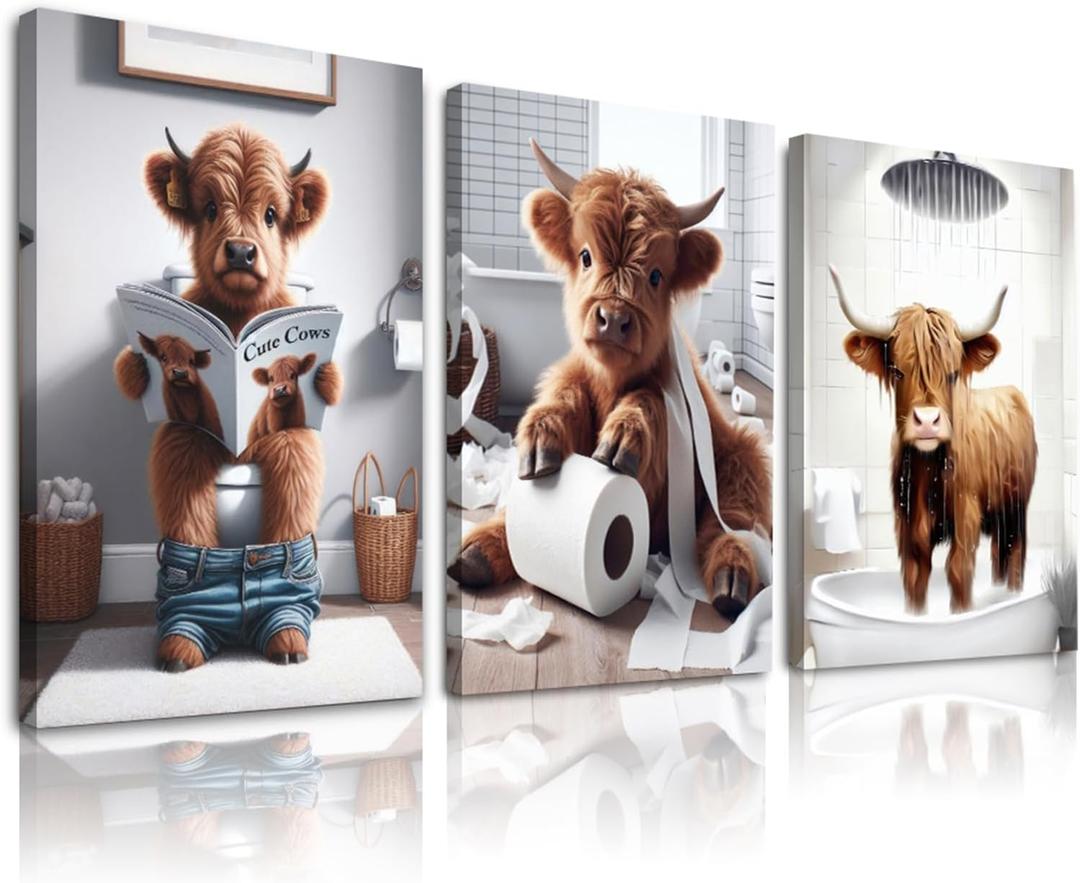 Funny Highland Cow Wall Art,Western Bathroom Decor Wall Art,Funny Bathroom Artwork Ready to Hang for Bedroom Restroom Toilet,12x16inchx3pcs,Framed