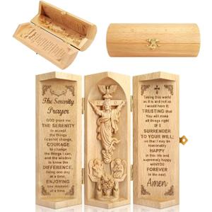 Jesus Statue Wood Sculpture, Christian Wooden Sculptures Three-Sectional Cylinder Design, Jesus Figurines Religious Jesus Wood Carving, Catholic Home Office Decor, Serenity Prayer Boxwood