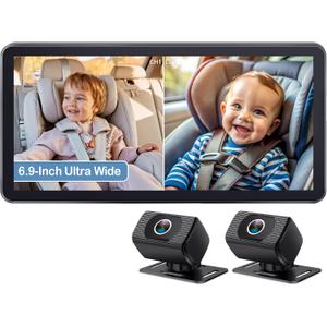 2-Kids Baby Car Camera for Seat: 6.9 Inch Ultrawide Display with Two Cameras Rear Facing - USB Powered Backseat Camera HD 1080P Easy to Install