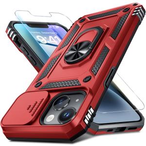 Janmitta Case for iPhone 14 & iPhone 13 Phone Cover Built in Slide Camera Lens Cover+Screen Protector,Heavy Duty Shockproof Full Body PhoneCase with Finger Ring Holder Kickstand,Red