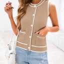 PRETTYGARDEN Vest For Women 2025 Summer Casual Button Down Color Block Sweater Vest Ribbed Knit Tank Tops With Pockets (Beige, M)