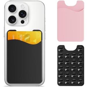 Pack of 2, Perfitek Phone Card Holder 2 Pack, Suction Phone Card Holder Mount, Phone Wallet, for iPhone and Android Phones with Glass Backs (Black+Pink)