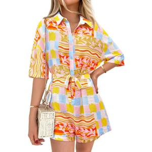 PRETTYGARDEN Womens Rompers for Summer 2025 Beach Vacation Clothes Short Sleeves Floral Jumpsuits Beach Cover Up (XXL)