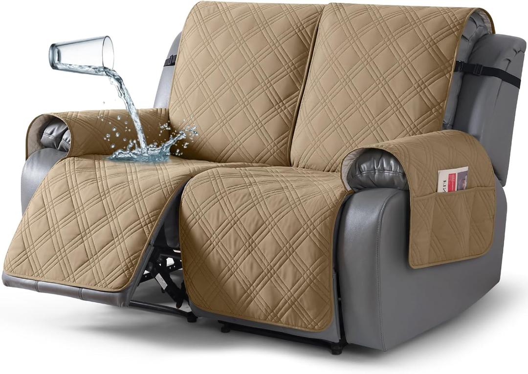 TAOCOCO 100% Waterproof Loveseat Recliner Covers 2 Seater, Split Loveseat Covers for Reclining loveseat, Non Slip Reclining Couch Cover with Double Straps for Kids, Pets(2 Seater, Camel)