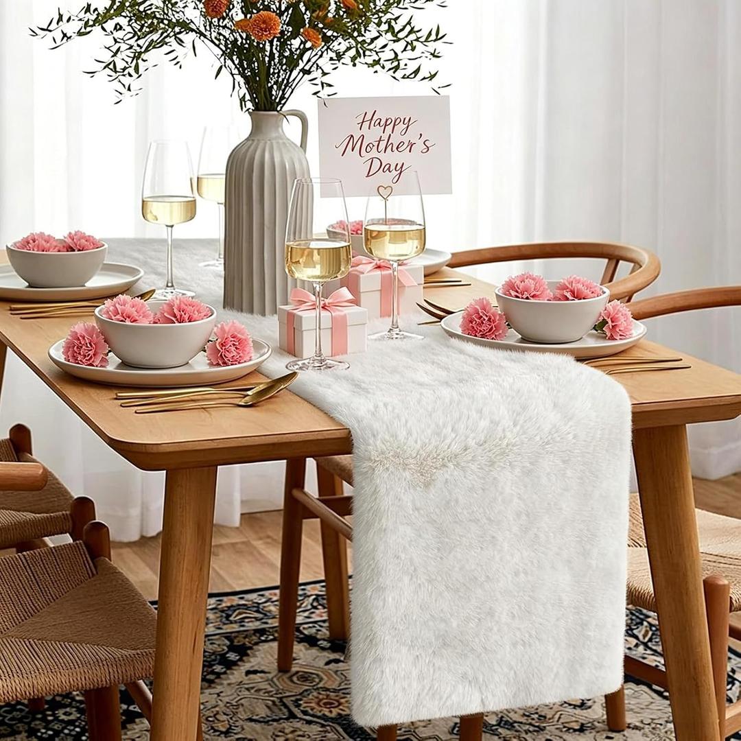 White Faux Fur Table Runner, 15'' x 72'' Wide Furry Dresser Runners for Bedroom, Living Room, Fluffy Coffee Table Decor, Dresser Cover Top, Spring Mother's Day Birthday Wedding Party Decor