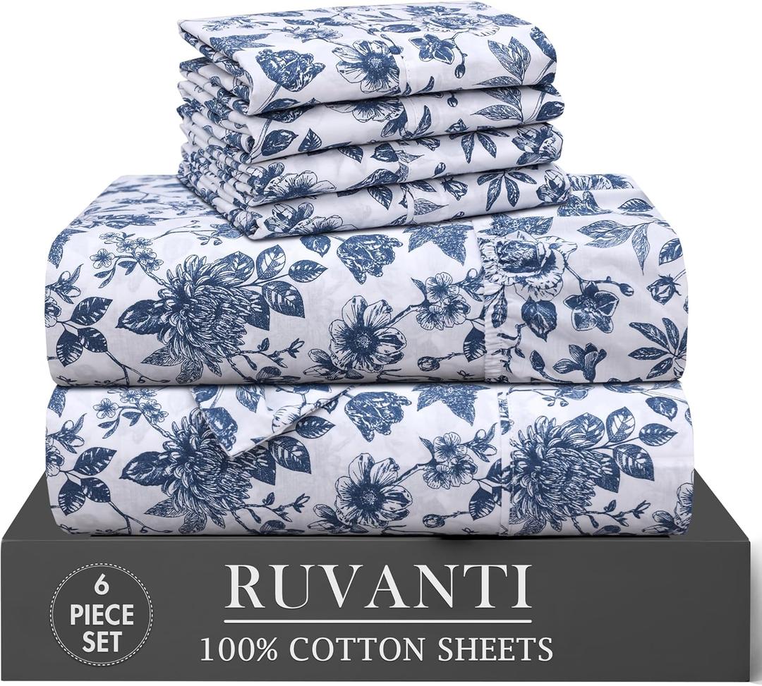 RUVANTI 6 Pcs Cotton Sheets - 100% Natural Cotton Soft, Lightweight & Breathable Crispy Percale Sheets, Full Size Bed Sheets 16" Deep Pockets, Wild Flower