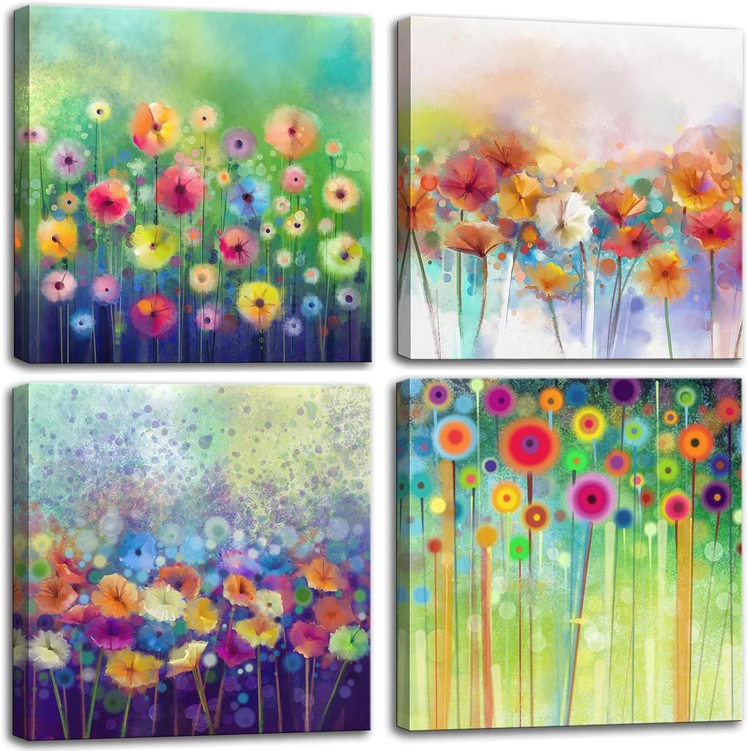 Flowers Bathroom Decor Canvas Wall Art, Colorful Floral Artwork Painting Prints Modern Pictures Framed for Bedroom Office Living Room Decorations - 12"x12"x4 panel