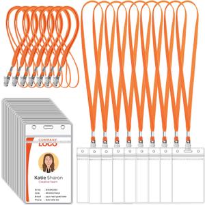 Marspark 100 Pcs ID Badge Holder with Lanyard Lanyards for ID Badges Resealable Flat Neck Name Tag with Clip Waterproof Plastic Clear Badges Bulk for School Office Supplies (Orange)
