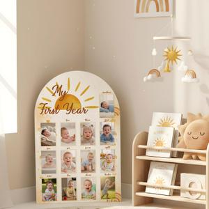AceOrbit 33 x 22 Inch Large My First Year Picture Frame First Trip Around The Sun Decor Wooden 12 Monthly Milestone Photo Board 1st Birthday Decorations for Baby Monthly Milestone Fits 4 x 6 Photos, 33.1 x 22.1 inches