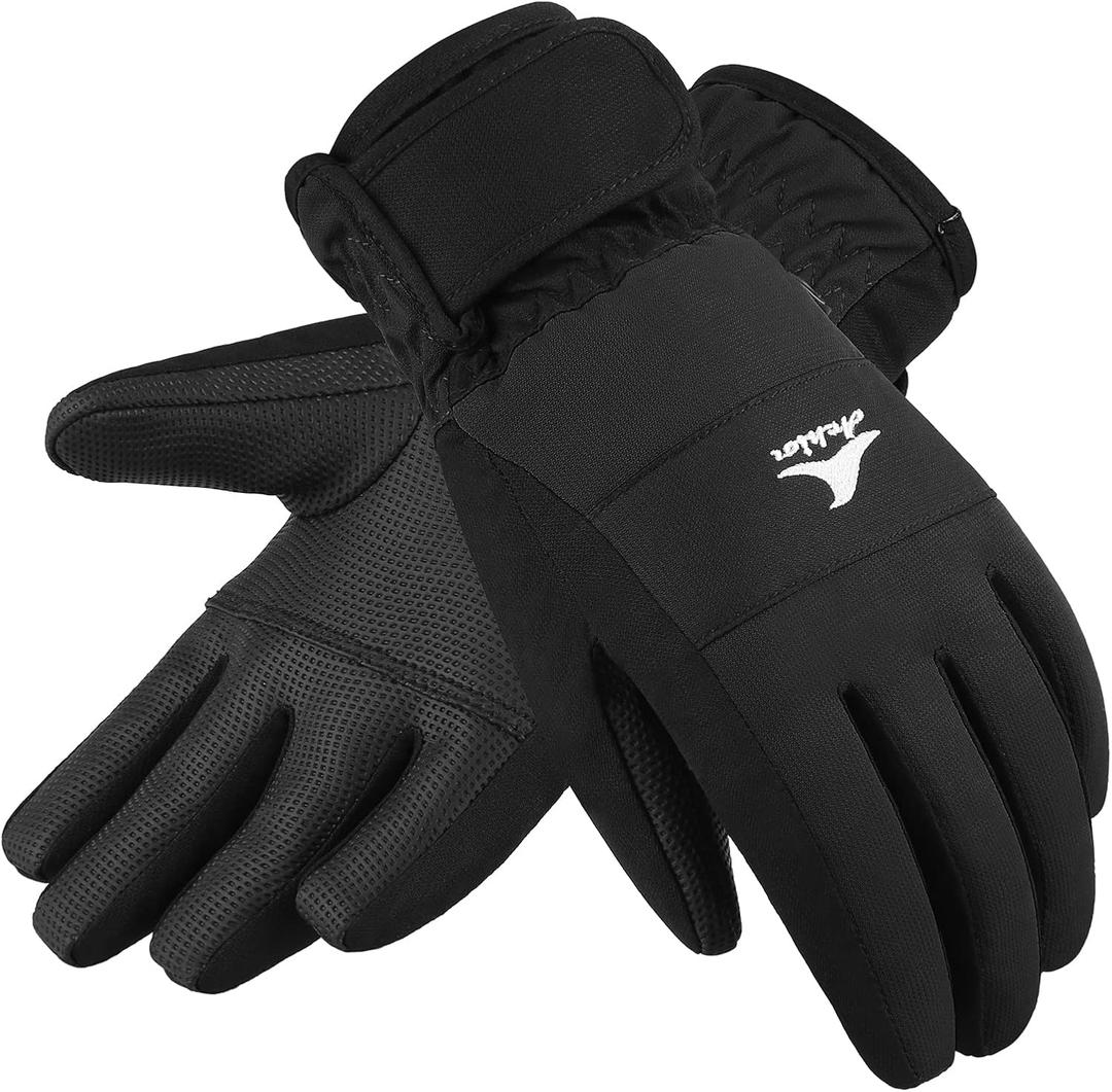 Achiou Kids Ski Gloves, Waterproof Winter Snow Snowboard Gloves Warm Touchscreen for Kids Boys Girls Children Skiing Cycling (S (5-6 Years), Black)